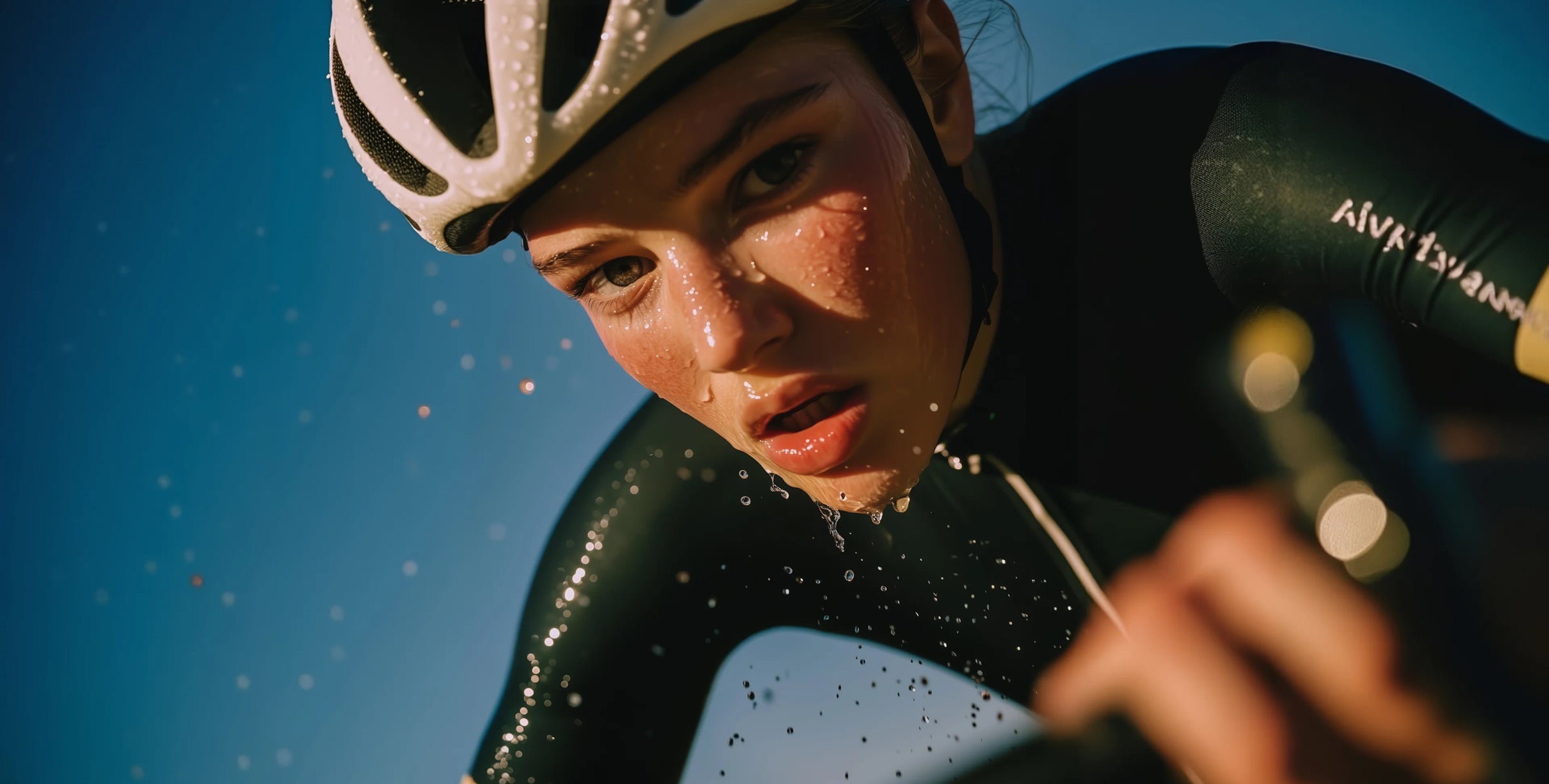 Cyclist mid-effort, sweat flying, on a clear day